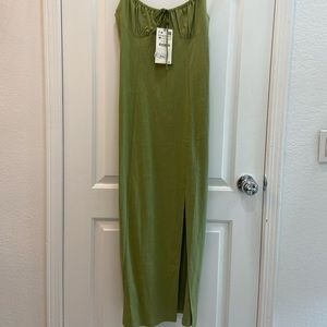 ZARA Ruched Elasticized Moss Green Dress Size M